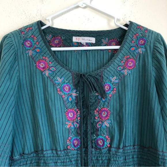 Johnny Was 3J Workshop Blue Stripe Embroidered Dress Size Medium - Picture 4 of 10